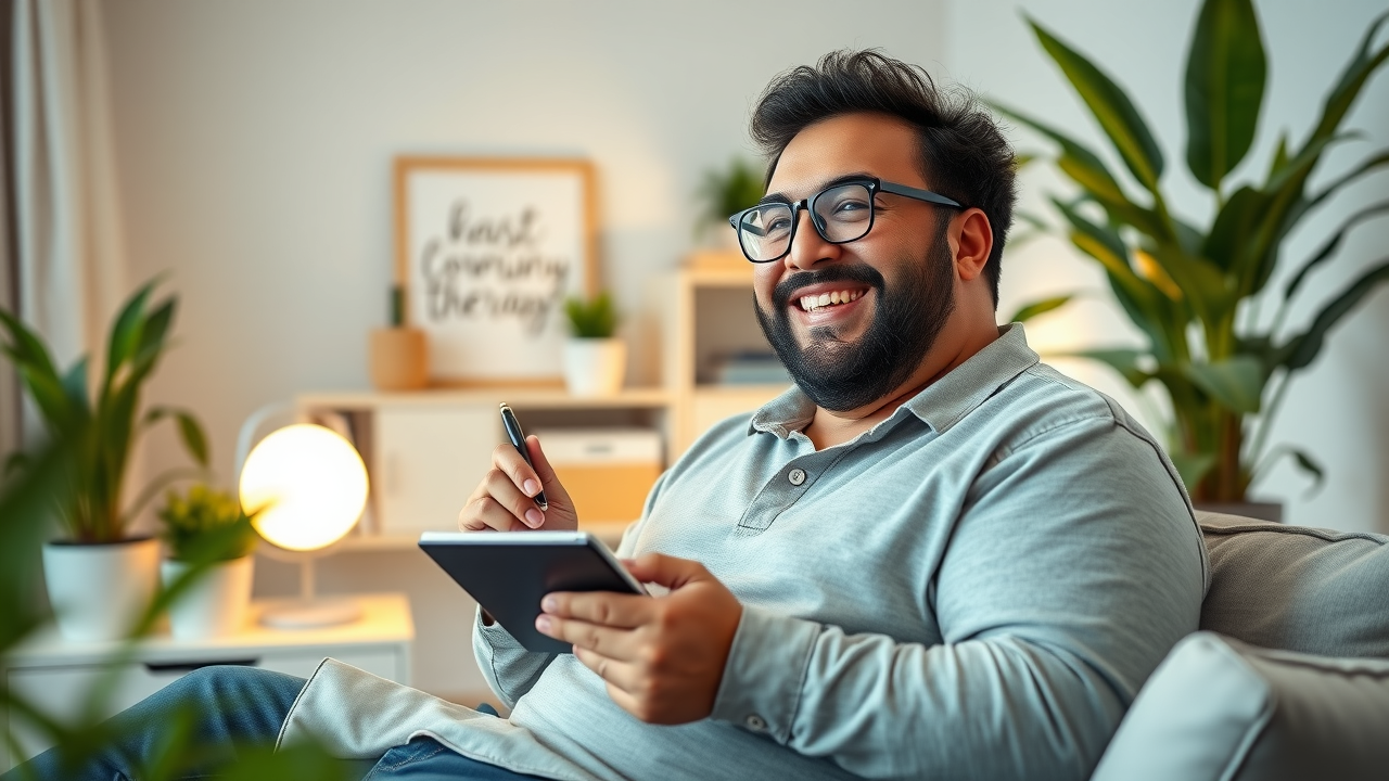 light therapy for seasonal affective disorder - Smiling adult using light therapy lamp at home office, relaxed expression, photorealistic modern space