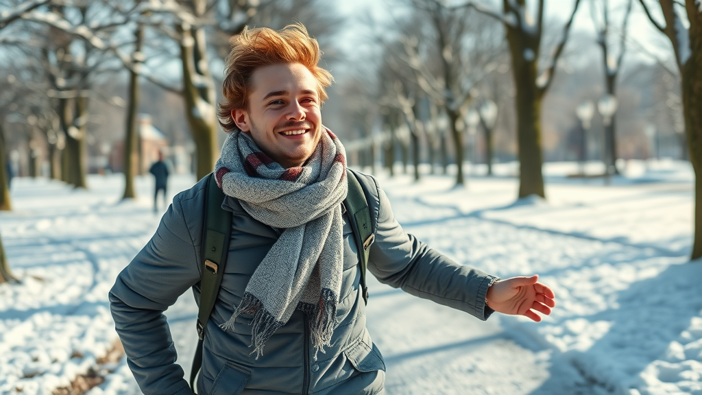 improving winter blues with outdoor activity - Young adult walking briskly through urban snowy park, content facial expression, photorealistic, winter morning sun