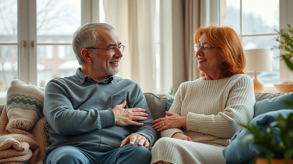 mental health support for winter depression - Middle-aged person talking with supportive friend in a cozy home with winter scene, photorealistic, warm lighting