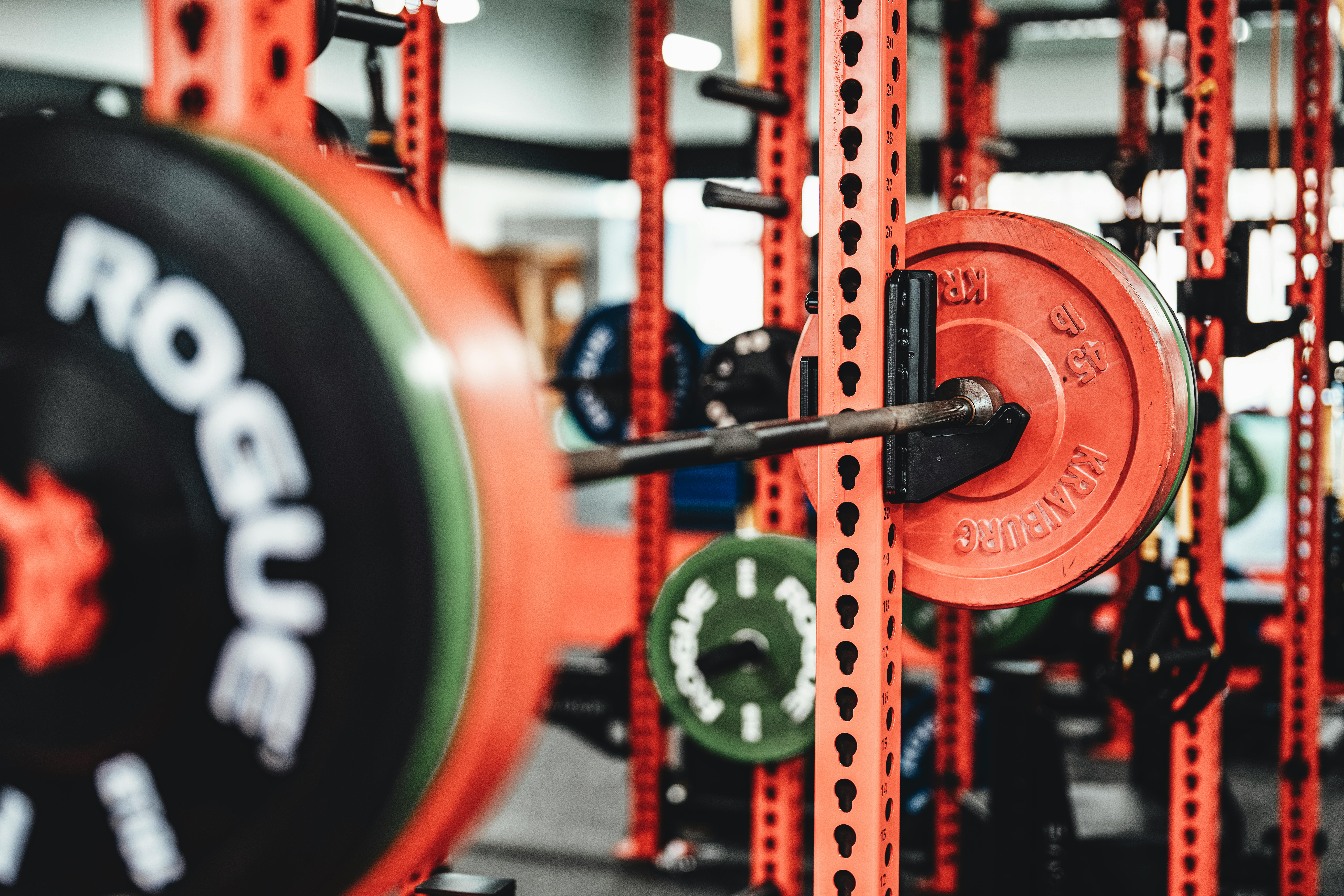 Detailed view of a weightlifting setup in a modern gym featuring colorful weight plates on a barbell.
