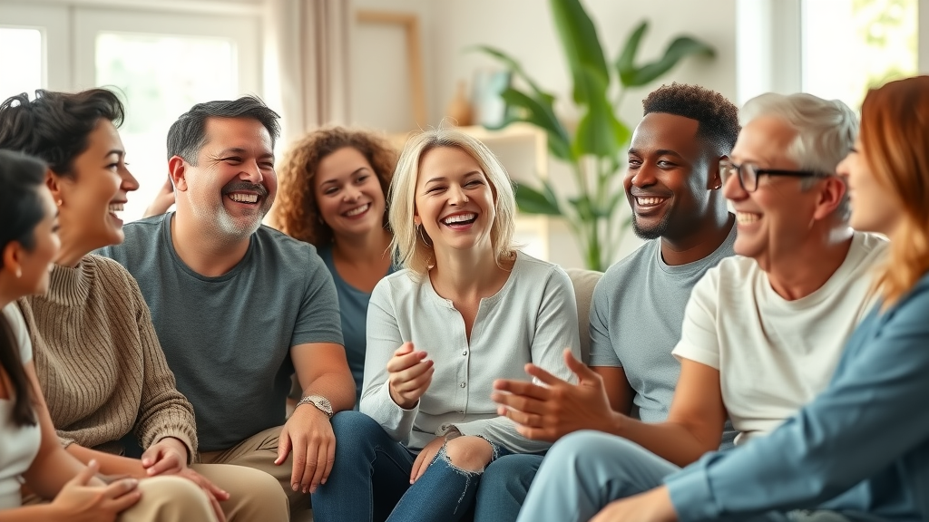 laughter is basically free medicine diverse group laughing together in a bright living room
