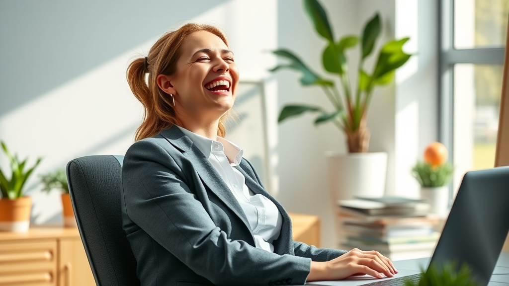 businesswoman decompresses with laughter in sunlit office for stress relief