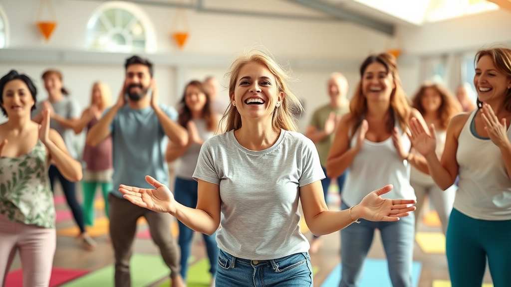 laughter therapy group with instructor in bright community center