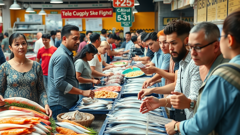 bustling global seafood market with people shopping for high protein fish and seafood