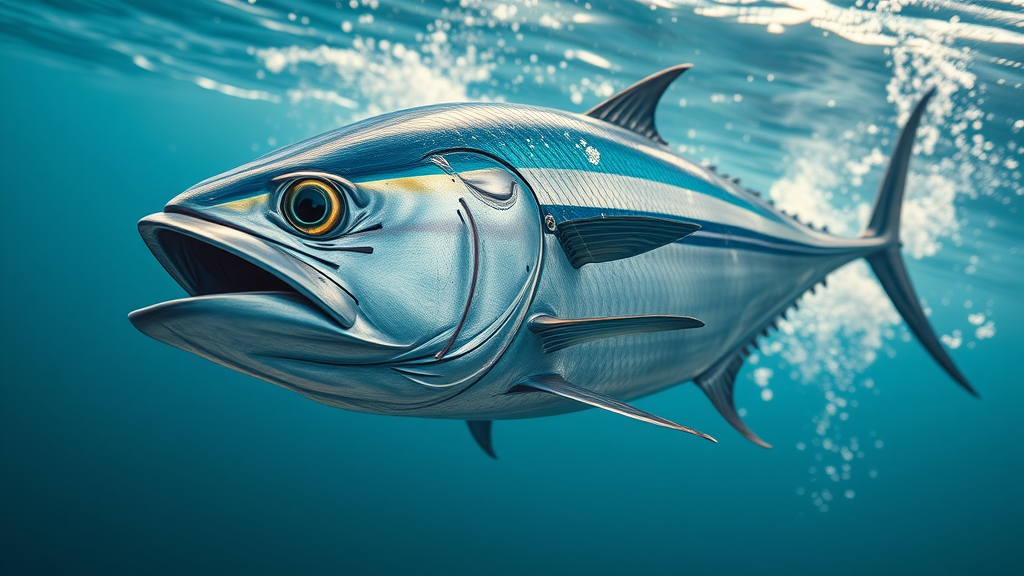 photorealistic tuna fish swimming in ocean, symbolizing high protein content