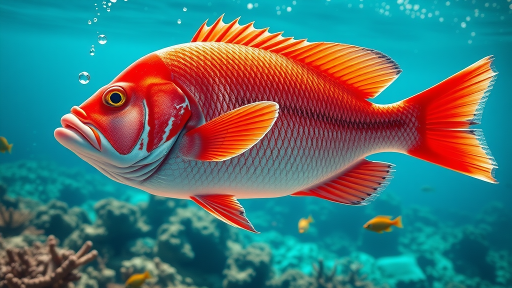 vibrant red snapper swimming among reefs, showing high protein fish