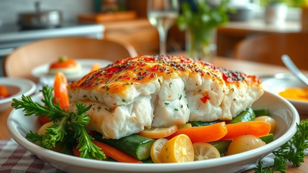 baked cod fillet with vegetables, showing high protein low calorie fish