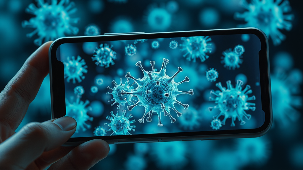 microscopic view showing bacteria and virus contamination on a disinfect your mobile devices surface