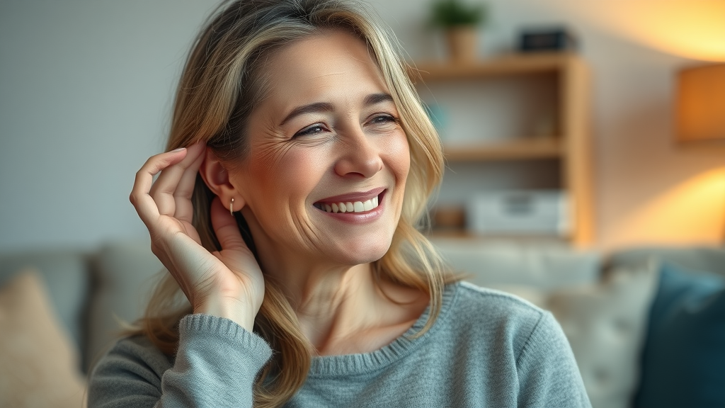 Adult woman looking relieved, gently touching her ear for stuffy ear relief at home