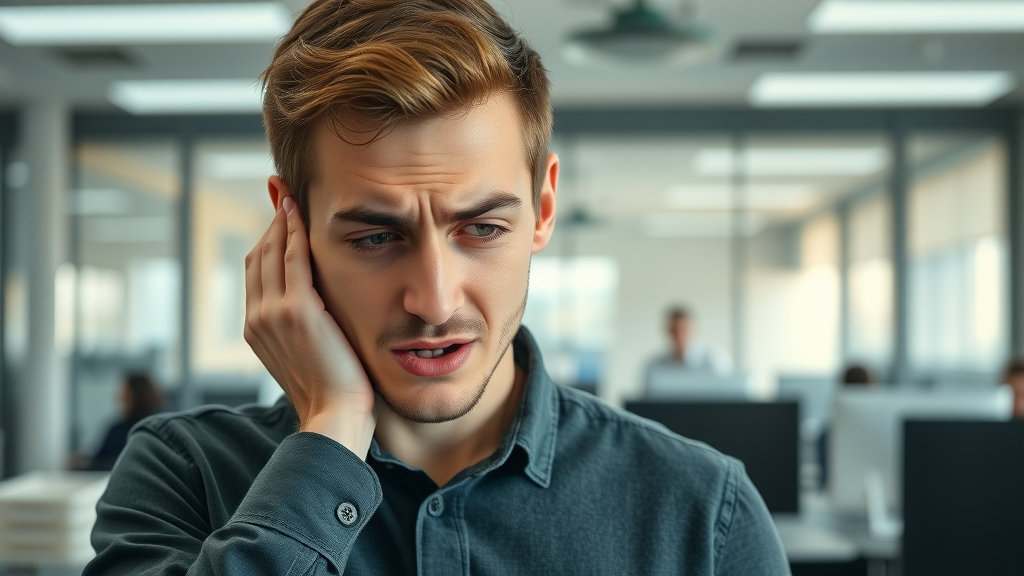 Frustrated man holding his ear, experiencing ear congestion in a bright office