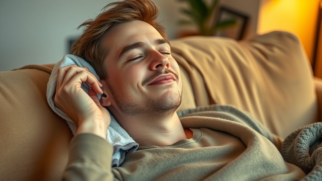 Young adult applying a warm towel to the ear for quick relief from ear congestion
