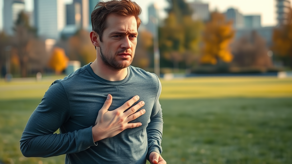 Concerned adult male checking his heart rate during a jog in the park, worried expression, what is a dangerous heart rate?