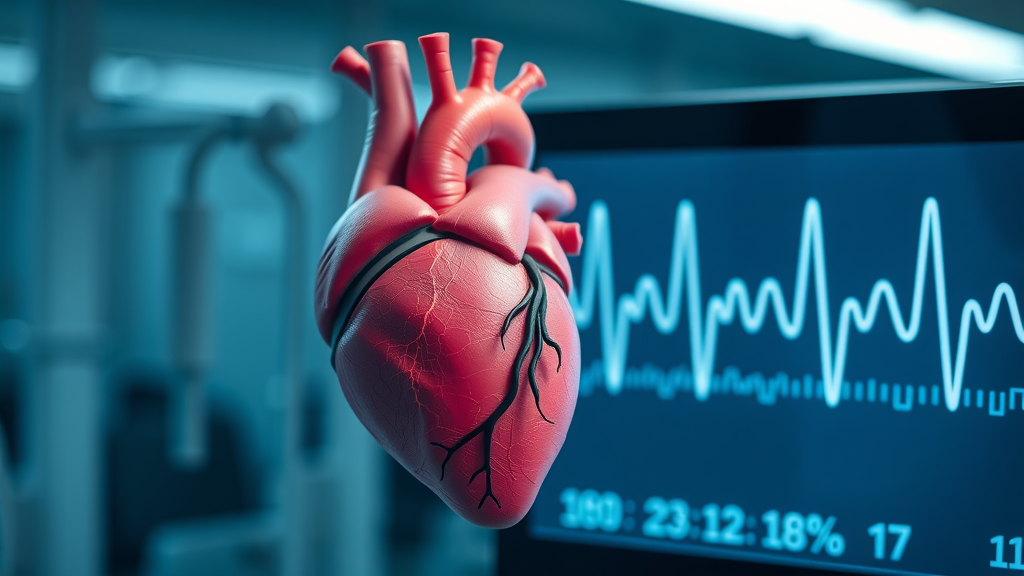 Digital heart rate monitor showing normal vs. dangerous heart rate, detailed anatomical heart illustration.