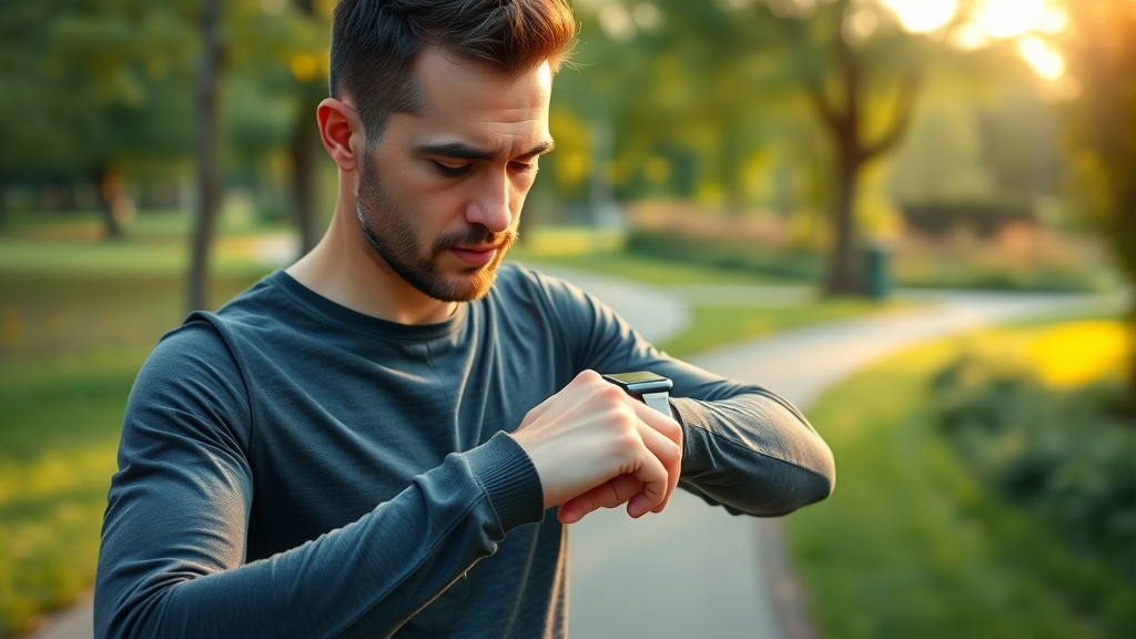 Active adult checking heart rate on smartwatch during a brisk walk, monitoring for dangerous heart rate.
