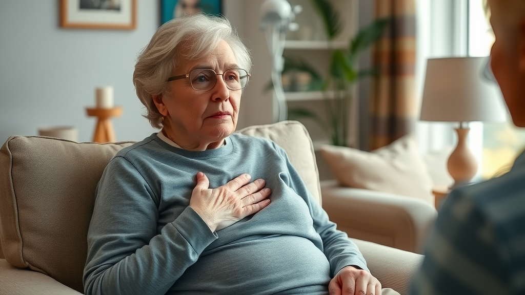 Elderly woman with low heart rate, holding chest and concerned, being cared for by caregiver.