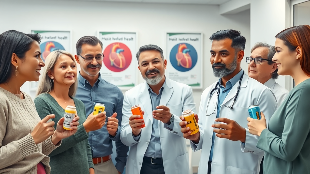Group of adults discussing medications and heart rate risks with doctor, heart health background.