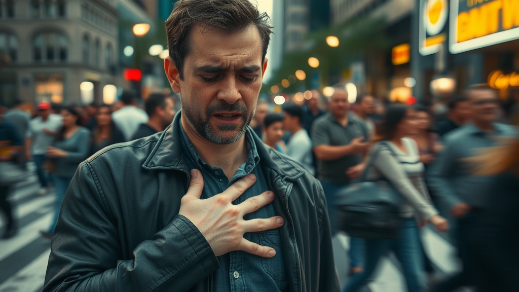Person experiencing chest pain in a crowd, possible dangerous heart rate emergency.