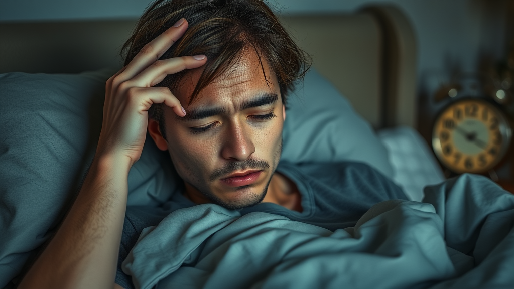 get more sleep - tired individual rubbing eyes after a sleepless night in a dimly lit bedroom with clock showing early morning