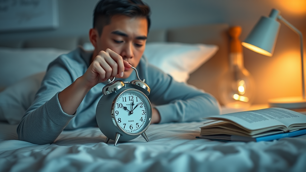 get more sleep - organized person sets alarm clock for consistent sleep routine in calm blue-toned bedroom