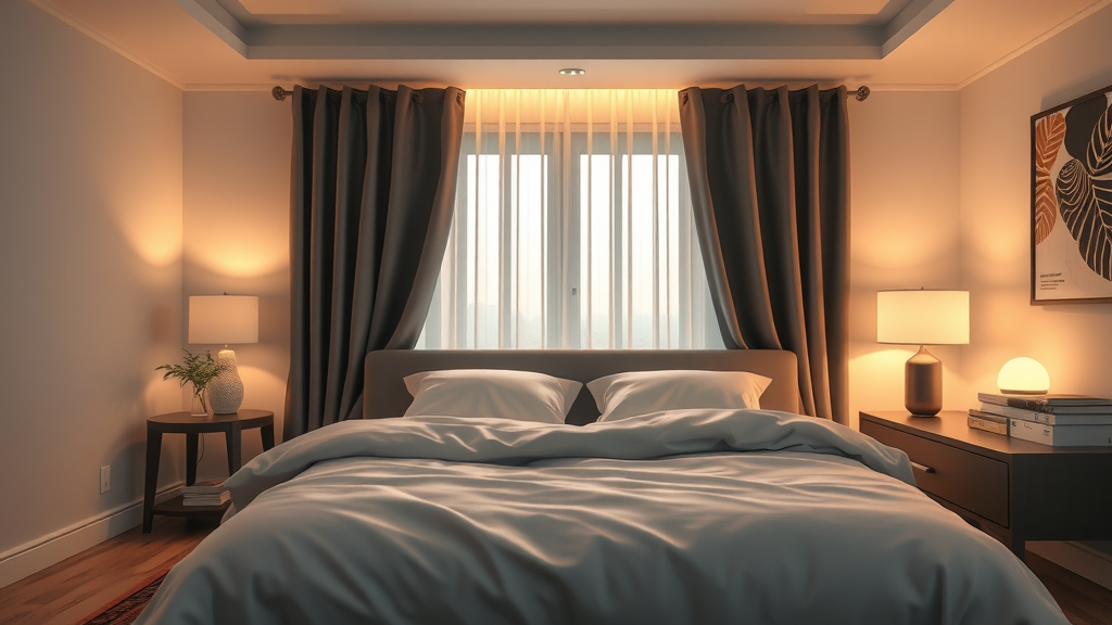 get more sleep - modern tranquil bedroom with warm ambient lighting, blackout curtains, and essential oils diffuser