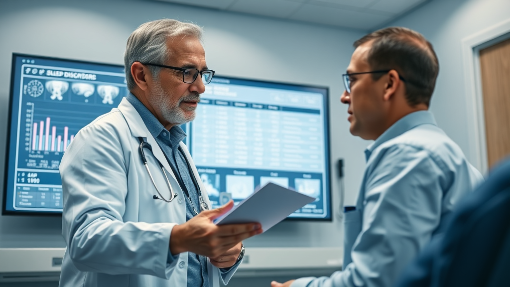 care provider reviews sleep chart with patient, diagnosing a sleep disorder using digital data
