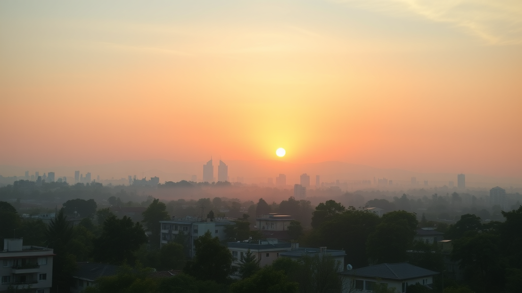 Peaceful sunrise over a city skyline with tranquil energy, highlighting the get up early routine with dawn-lit buildings and natural golden hour lighting.