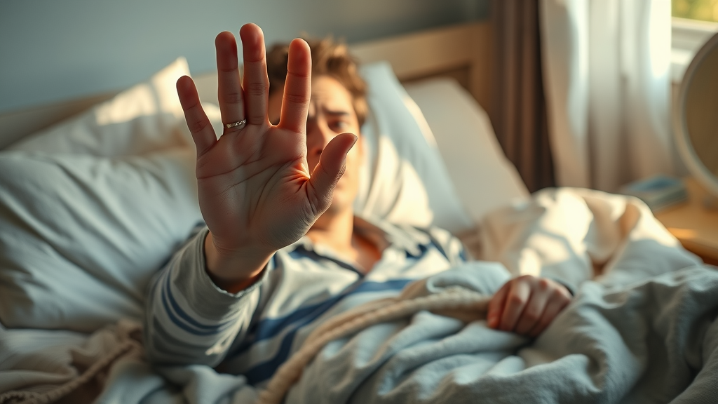 Person struggling with alarm but determined to get up early in the morning with gentle sunlight in the bedroom.