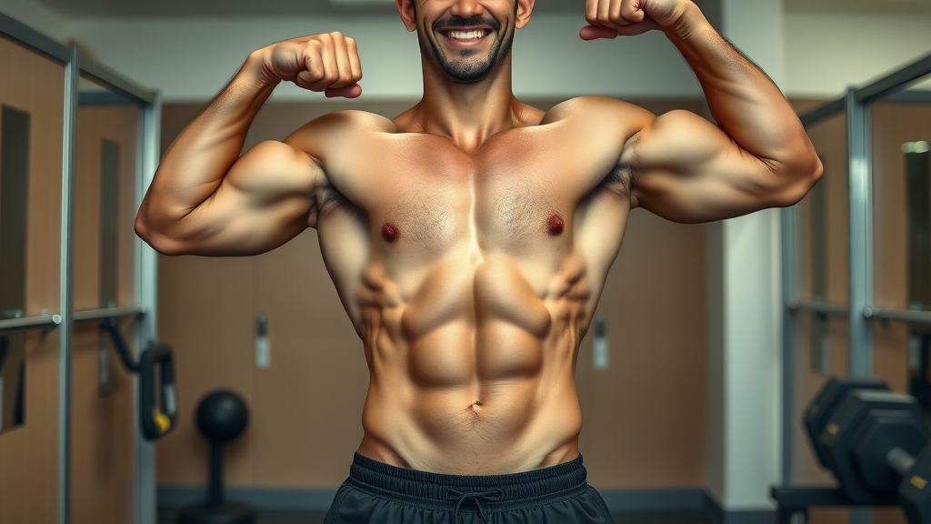 athlete proudly displaying defined abs after consistent sit ups and leg raises training, in a locker room with gym equipment and mirror