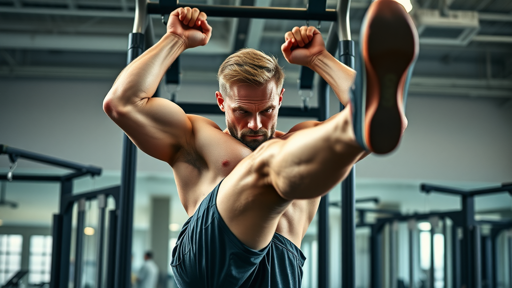 athlete performing advanced hanging leg raise with strong muscle engagement in modern gym environment highlighting progression for sit ups vs leg raises