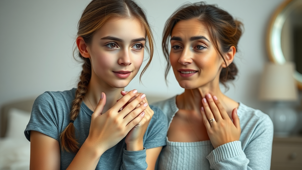 Realistic portrait of teenage girl and mother comparing skin changes, natural skin tones, thoughtful expressions, in bedroom with mirror background.