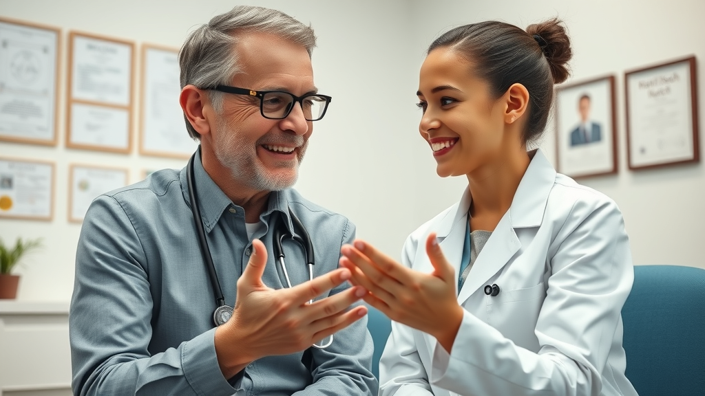 Compassionate pediatric dermatologist consulting a young patient and parent in a bright clinic, showing an empathetic discussion and informative gesture.