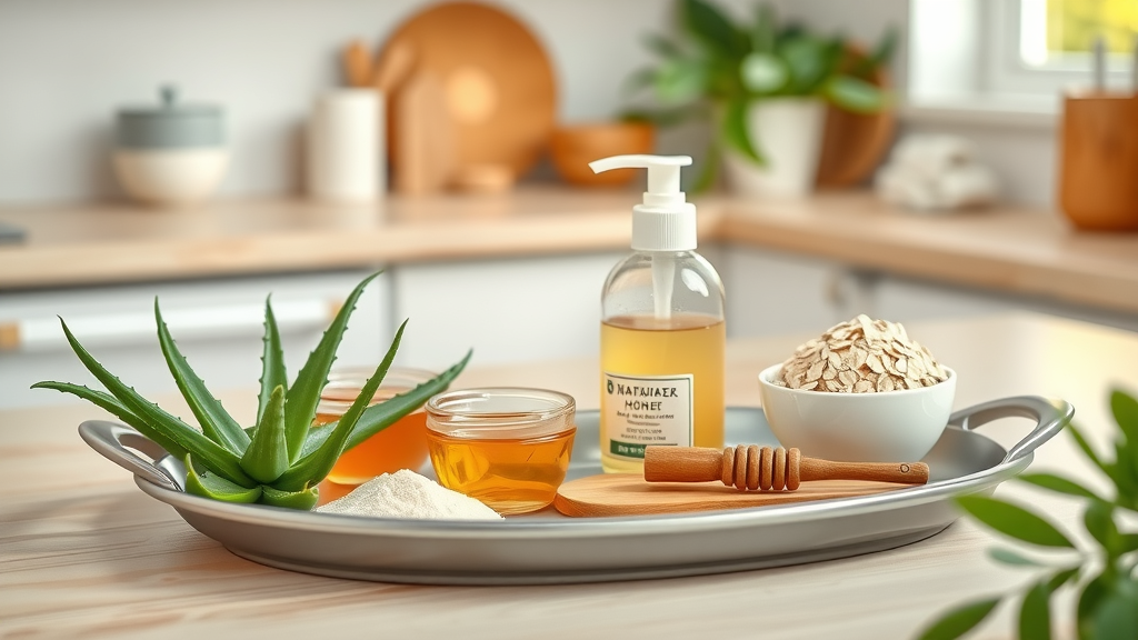 Inviting tray of various natural skincare ingredients like aloe, honey, and oatmeal for home remedies for hormonal acne, in a cozy kitchen setting with soft light.