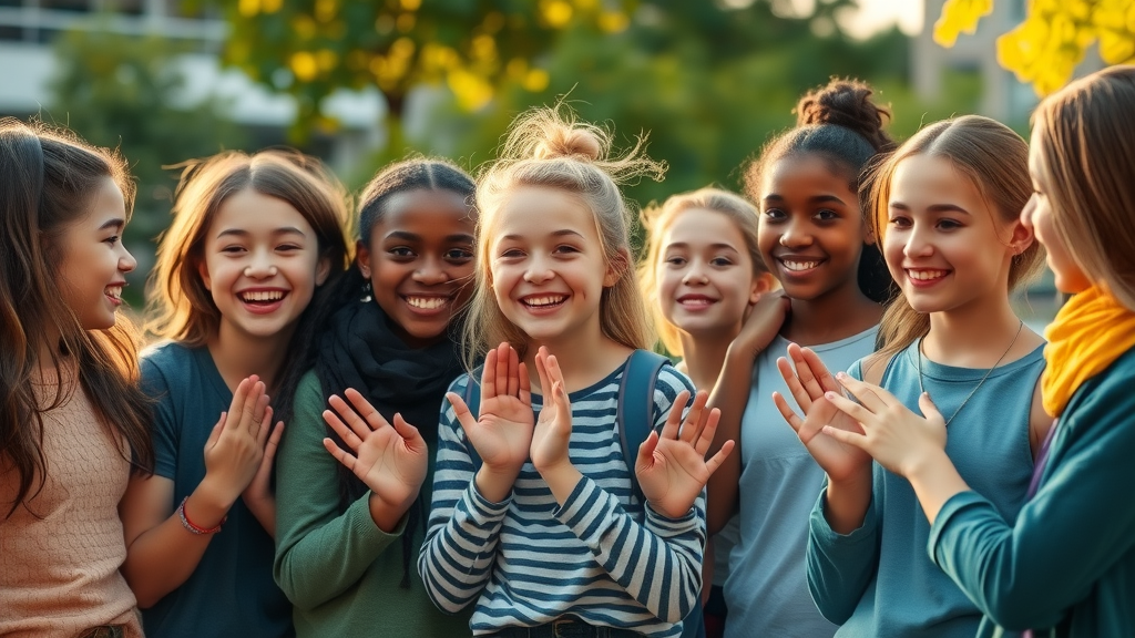 Supportive scene showing a diverse group of preteens in a schoolyard encouraging each other, representing confidence building and positive mental health during hormonal acne care.