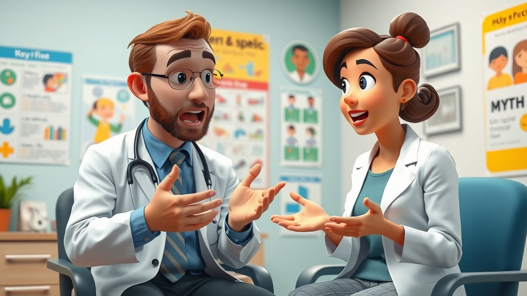 Informational scene of pediatrician discussing myths about hormonal acne with a parent, showing animated hand gestures and engaged facial expressions in a doctor