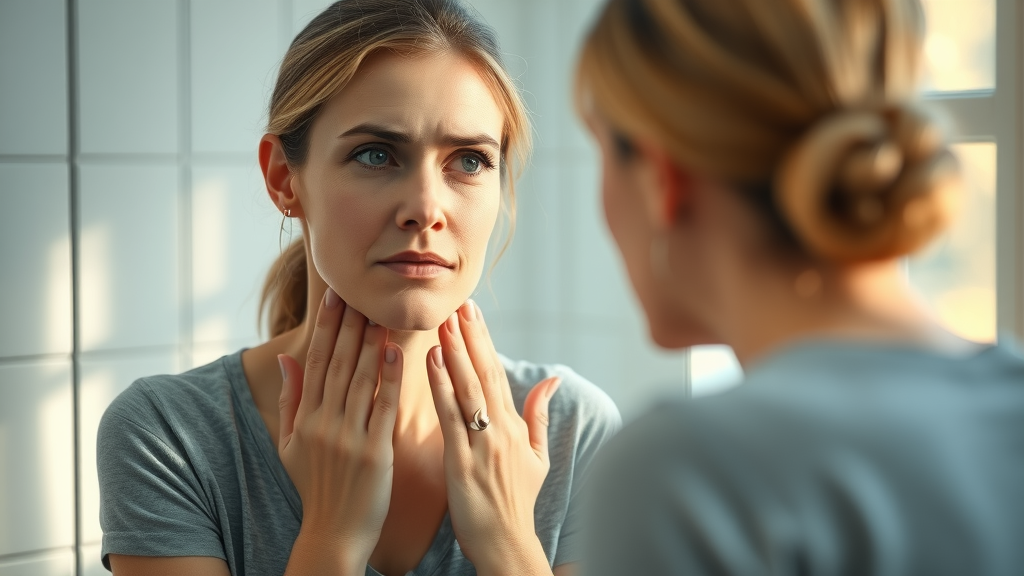 concerned woman observing subtle emotional stress signs in the bathroom mirror