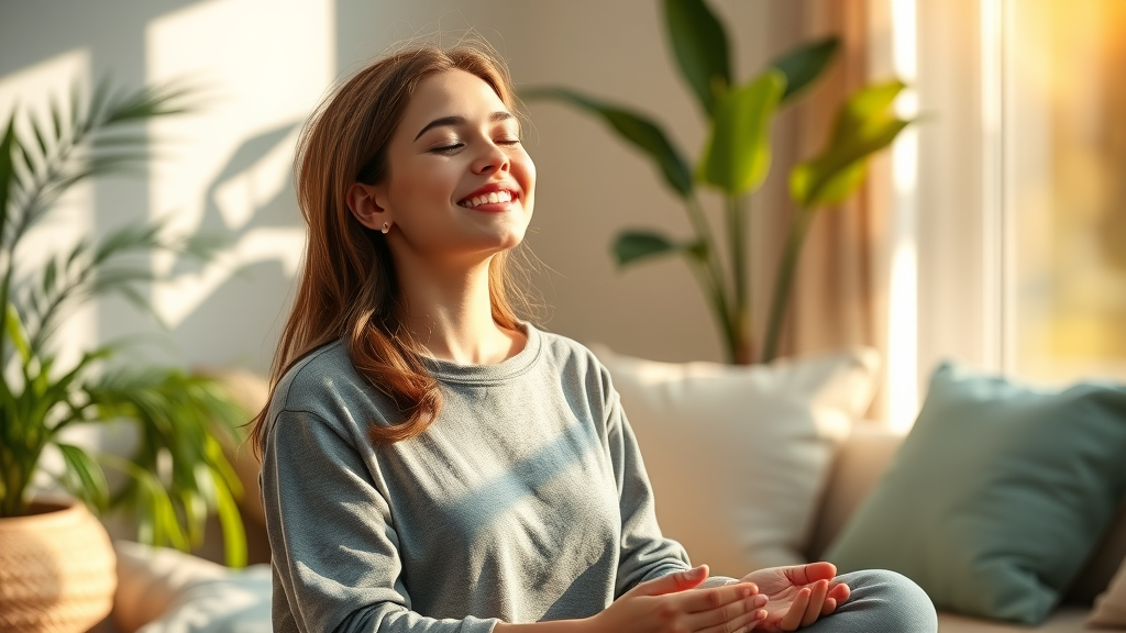 relieved young adult practicing mindfulness to overcome emotional stress signs