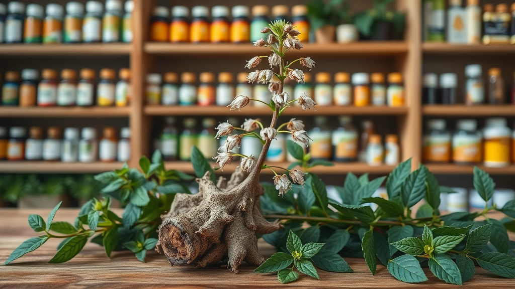 naturalistic valerian root plant healthy vibrant on wooden table, herbal apothecary background, valerian root supplement side effects