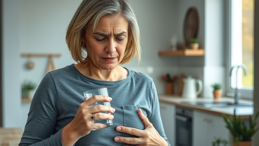 concerned middle-aged woman holding stomach glass water valerian root side effect uncomfortable