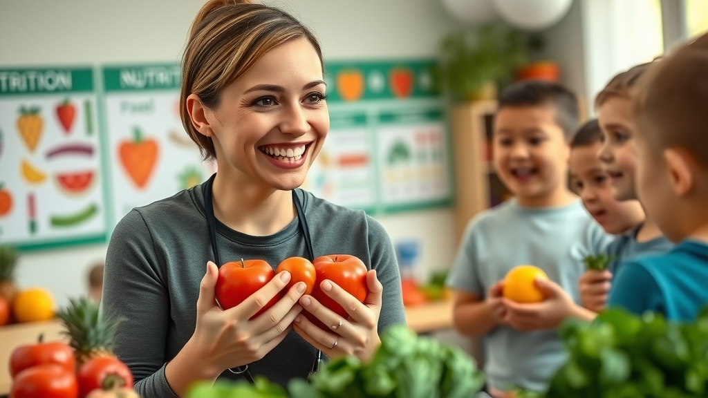 Nutrition educator teaching children about healthy eating as part of obesity prevention programs NC, in a classroom with food charts and fresh produce