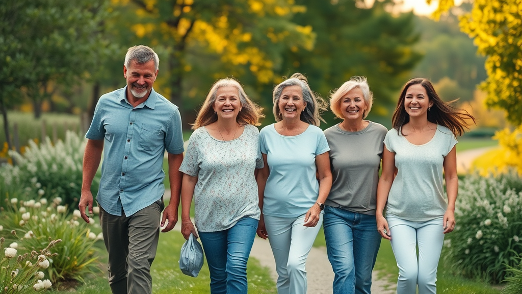Multi-generational North Carolina family enjoying a walk together in a local park, benefitting from obesity prevention programs NC