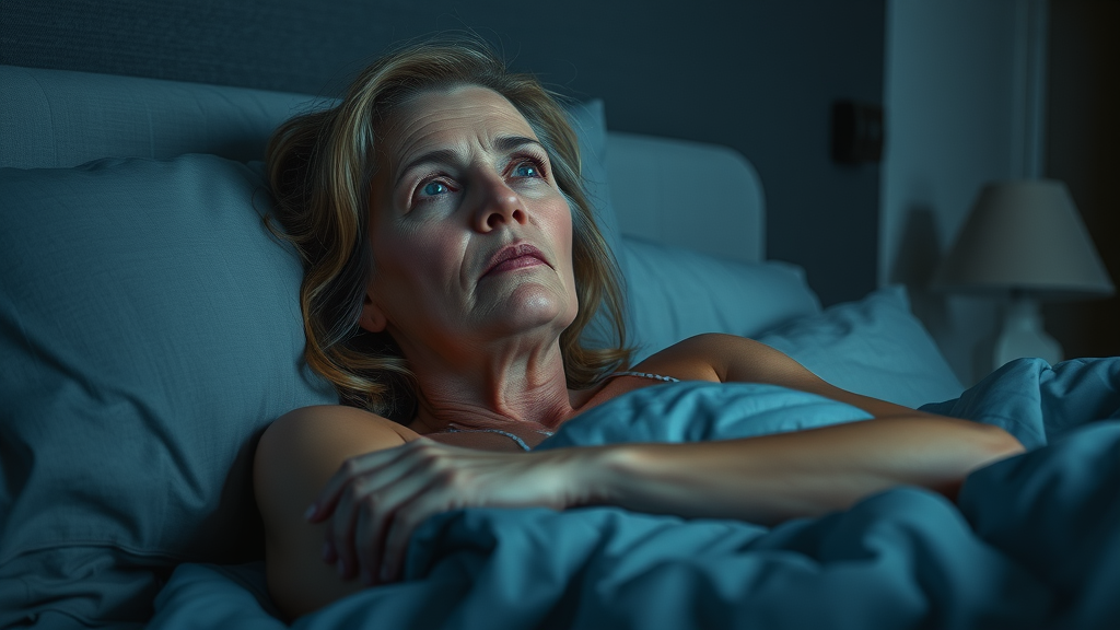 Somber middle-aged woman lying awake in bed, pensive expression, gazing at the ceiling, modern bedroom setting representing insomnia and sleepless nights, cool blue and gray tones.