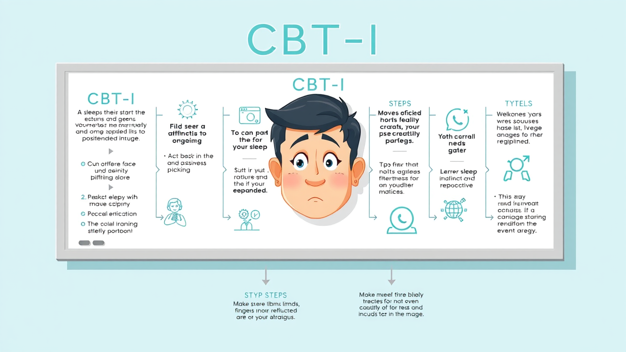 Infographic illustration explaining CBT-I concepts, process steps and segmented timelines, sleep-related icons and bright colors.
