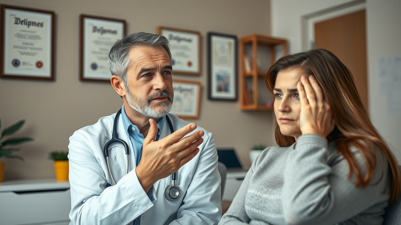 Thoughtful doctor consulting a patient about insomnia, clinic office with sleep charts, illustrating the diagnosis and impact of insomnia and sleep disorders.