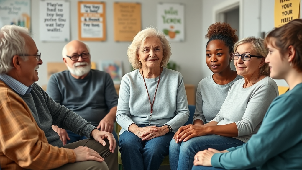 Diverse therapy group of elderly man, woman, and teenage boy discussing sleep challenges in a supportive setting.