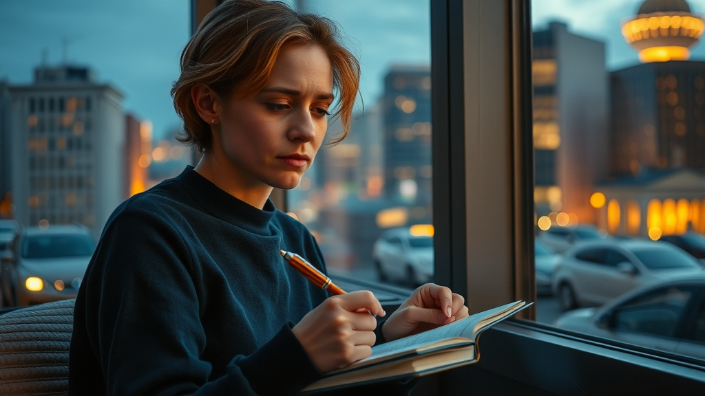 Patient journaling at night beside window, reflecting on CBT-I experience in city setting.