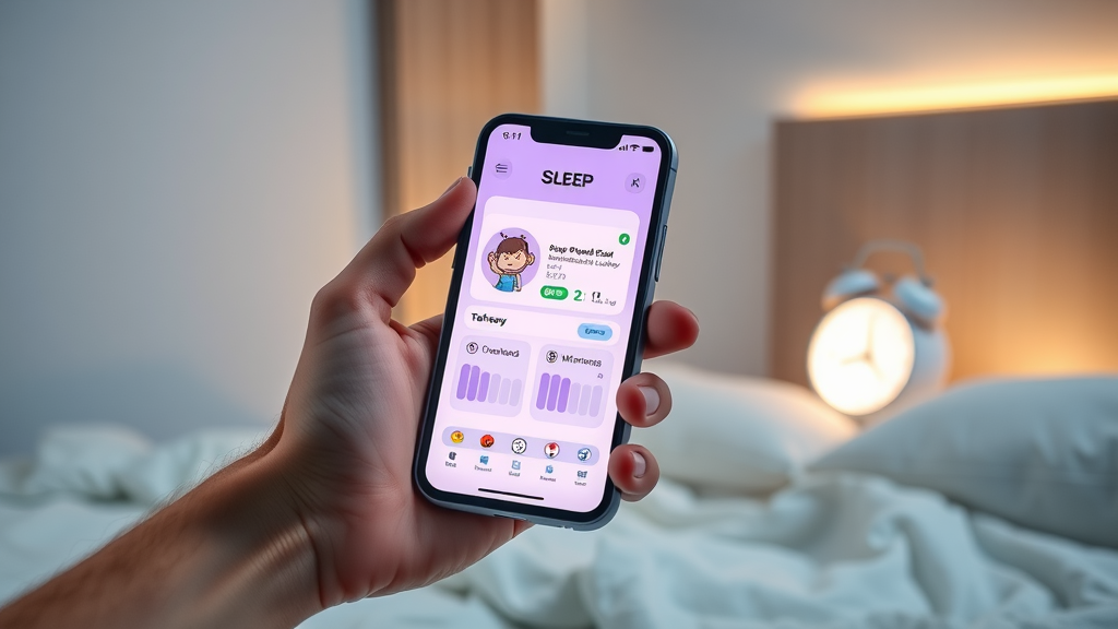 Hand holding smartphone displaying a CBT-I sleep app, calm bedroom background.