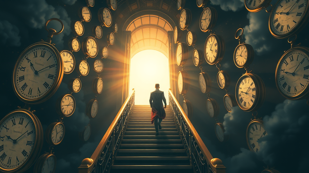 Conceptual illustration: person climbing stairs from a room of clocks to sunrise, representing recovery from insomnia through CBT-I.