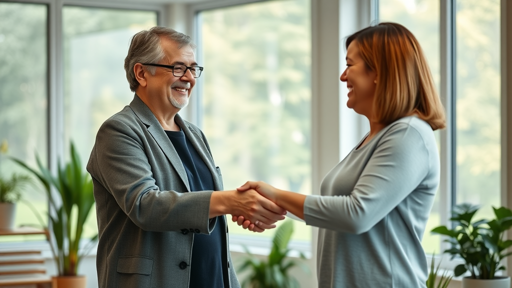 Therapist shaking hands with patient after successful CBT-I session, symbolizing hope and recovery from insomnia.