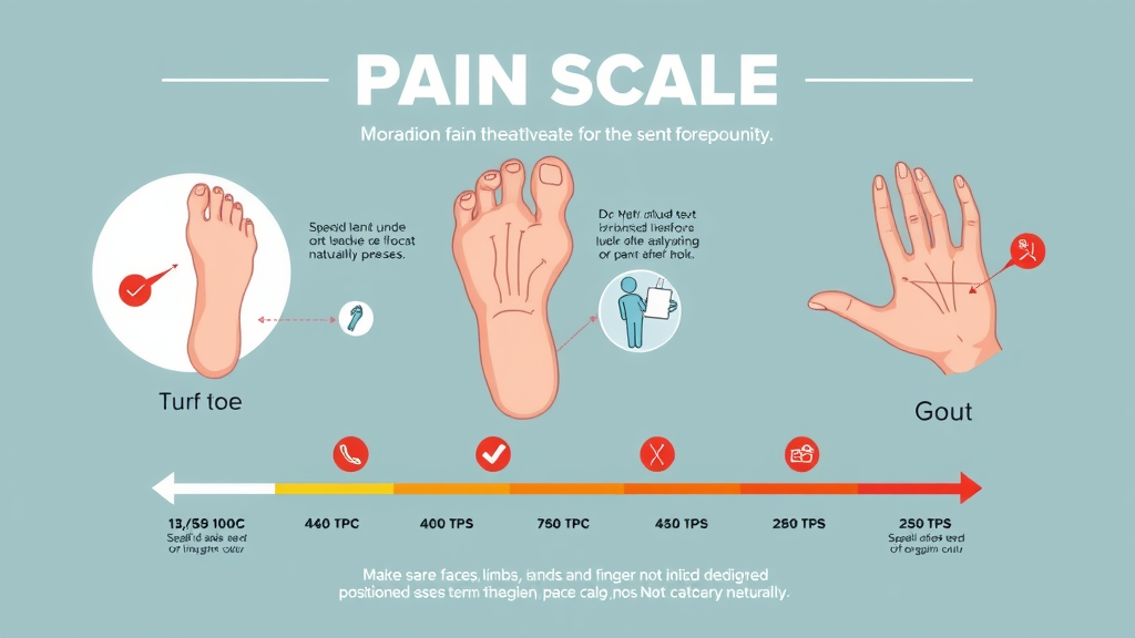 pain scale infographic comparing turf toe severity to gout discomfort expressions and joint icons